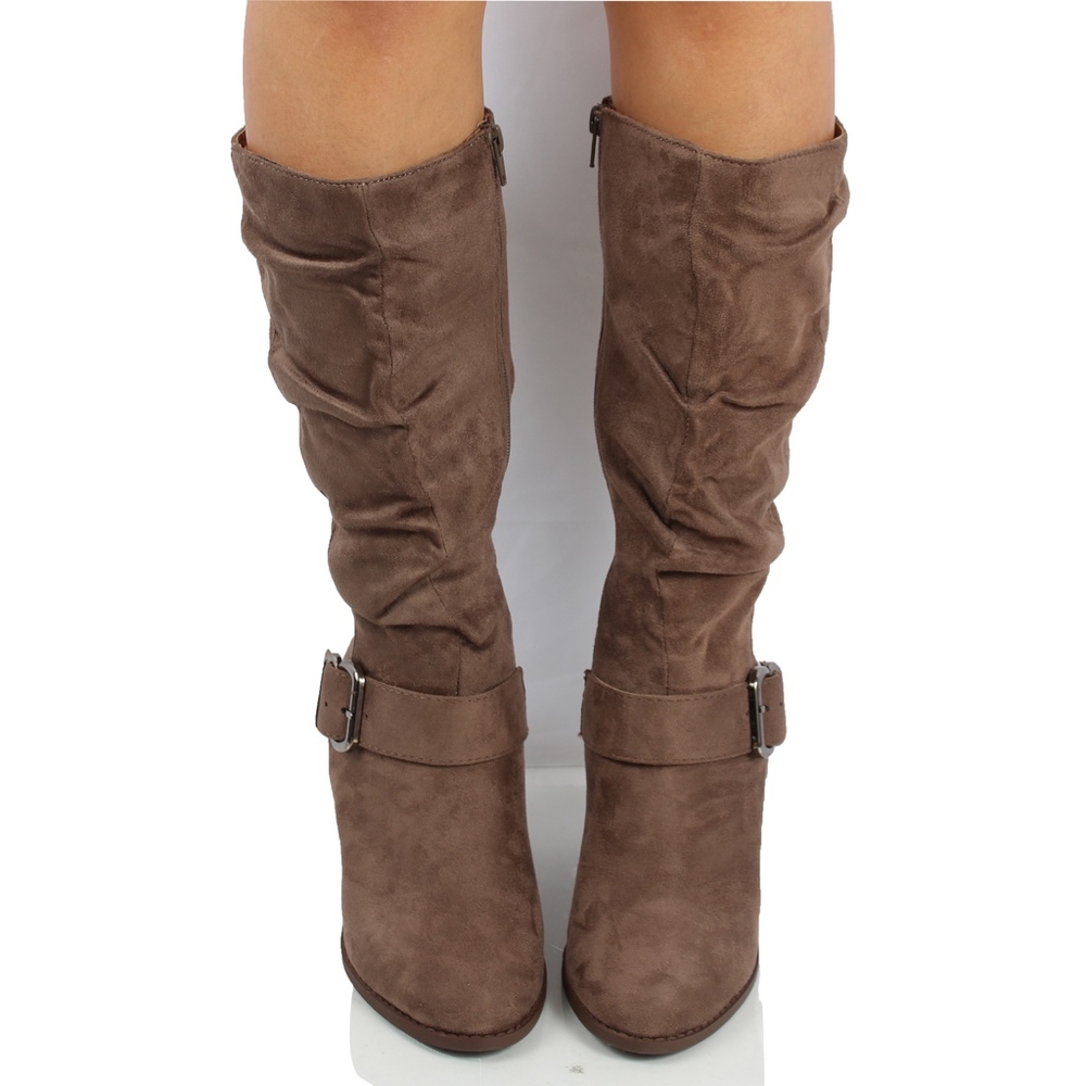Taupe Faux Suede Slouchy Stacked Heel Knee High Bo - Picture 5 of 6